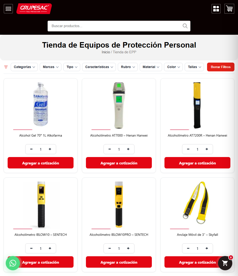 Tienda de equipos de protección personal con catálogo propio